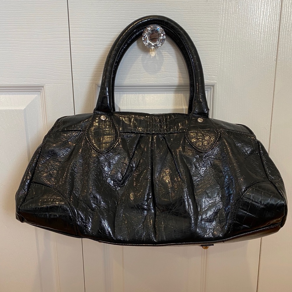 EXPRESS Black Patent Leather Duffel Purse Bag